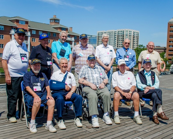 140718-IG780-N-023 NORFOLK, Va. (July 18, 2014) - The surviving members of aircraft carrier USS Franklin (CV 13) pose for a group photo at their annual reunion on board battleship USS Wisconsin (BB 64). The annual meeting of the Franklin Society honors the men who served aboard Franklin during World War II. (U.S. Navy photo by Mass Communication Specialist 3rd Class Shane A. Jackson/Released)