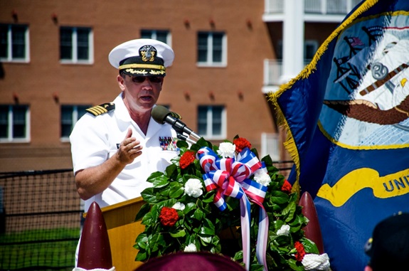 140718-IG780-N-032 NORFOLK, Va. (July 18, 2014) - Capt. James Denley, a Navy chaplain, speaks at the annual Franklin Society reunion on board battleship USS Wisconsin (BB 64). The Franklin Society annually honors the men who served aboard aircraft carrier USS Franklin (CV 13) during World War II. (U.S. Navy photo by Mass Communication Specialist 3rd Class Shane A. Jackson/Released)