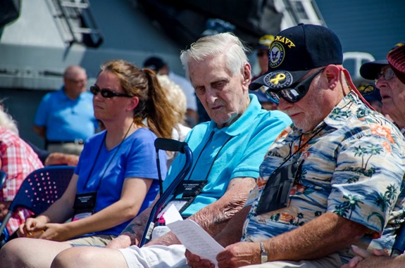 140718-IG780-N-073 NORFOLK, Va. (July 18, 2014) - Bernard Groenewald, left, a surviving member of aircraft carrier USS Franklin (CV 13), and Ron Williams, sponsor of the 2014 Franklin Reunion, read the names of the most recently deceased survivors of Franklin on board battleship USS Wisconsin (BB 64). The annual meeting of the Franklin Society honors the men who served aboard Franklin during World War II. (U.S. Navy photo by Mass Communication Specialist 3rd Class Shane A. Jackson/Released)
