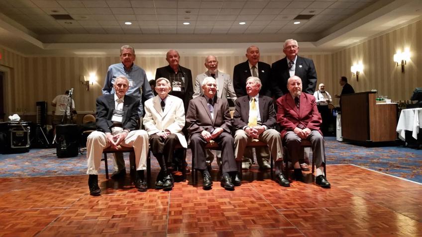 Front Row Left to Right Bernard Groenwold AMM2/c V-2nd -Div Ray C. Bailey S2/c 6th -Div. PH1/c Ret Harold E. Rausch PC3/c K-Div Michael Dacko S1/c 2nd -Div Gilbert E. Baca S1/c K-Div Back Row Left to Right Roy Malmquist Navy Veteran and Friend of Crew Donald Conard F1/c B-Div Major David Baruch USAF Ret GM3/c 6th -Div William Schauer F1/c E-Div. John C. (Jack) Hensel ARM3/c VT-5