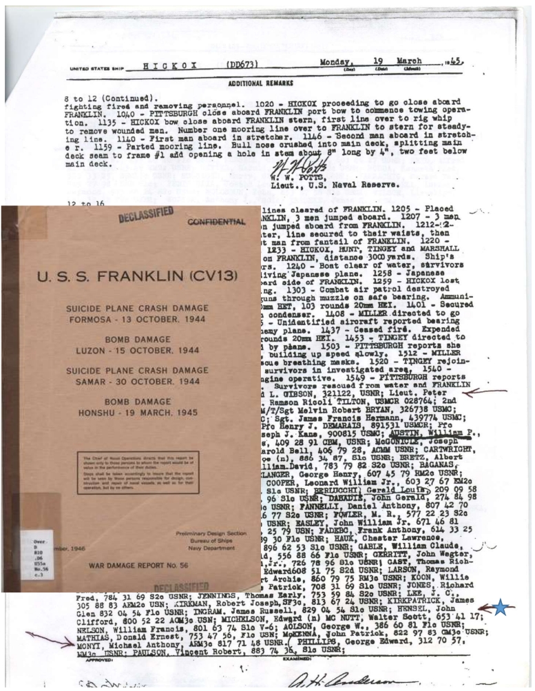 Copy of original document from USS Hickox roster of wounded dated March 19, 1945. Bottom right corner lists John Hensel.