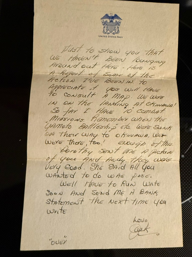 Lt. Jack F. Melson, Pilot, Air Group 6, USS Hancock, Letter page 4, courtesy of his son Greg Melson.  